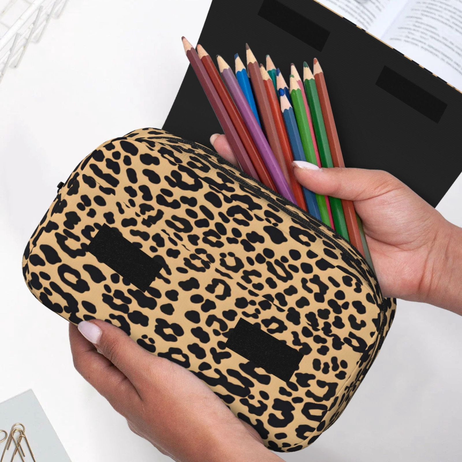 Large-Capacity Flip-Top Double-Layer Pencil Case, Multi-Functional Pocket Pen Case, Durable Stationery Organizer Leopard Print Pattern Background_3