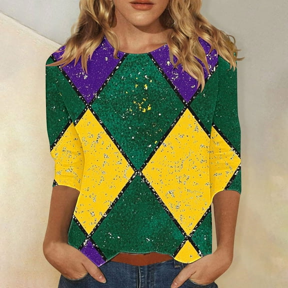 SOOMLON Mardi Gras Outfit for Women Carnival Tops Tuesday Party 3/4 Sleeve Shirts Funny Plaid Print Outfits Trendy Crew Neck Tshirts New Orleans Holiday Blouses 2025 Purple XL