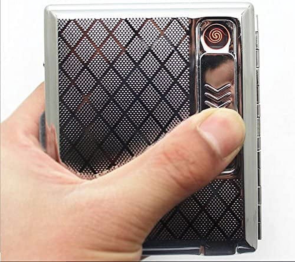 Metal Silver Cigarette Case With USB Lighter Rechargeable Windproof Electric Lighters Cigarette Accessories for Men Holds 16 cigarettes