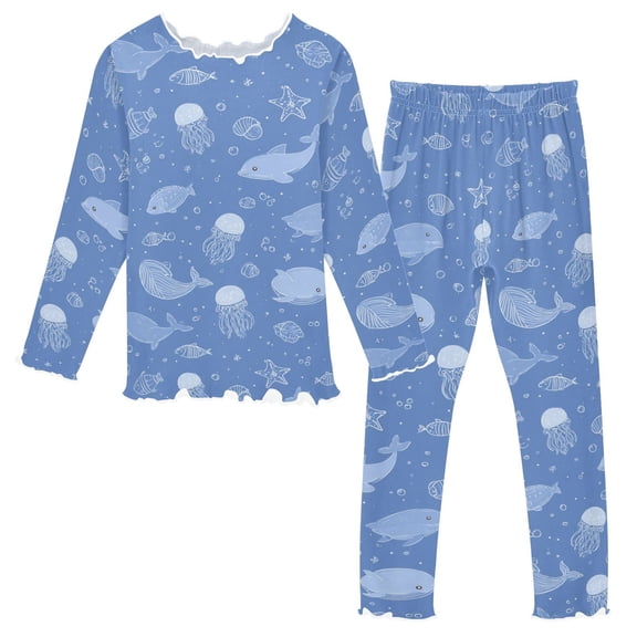 Girls Pajama Set with Long Sleeve Shirt and Pants Soft Thermal Sleepwear Cartoon Sea Creatures Pattern 2T