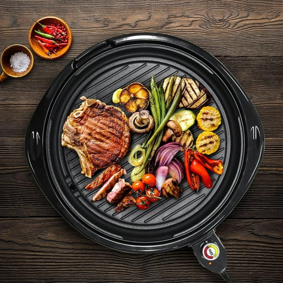 EMG-980BX Large Indoor Electric Round Nonstick Grill Cool Touch Fast Heat Up Ideal Low-Fat Meals Dishwasher Safe Includes Glass Lid, 14", Black