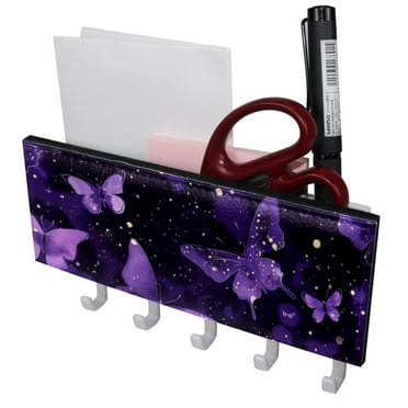 PhooArto Key Holder for Wall Decorative with 5 Key Hooks, Galaxy Butterfly Purple Pattern Holders Wall Mount Organizer with Mail Key Rack, Self Adhesive
