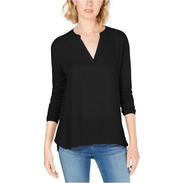 INC Blusa con cuello dividido para mujer, negro, mediano