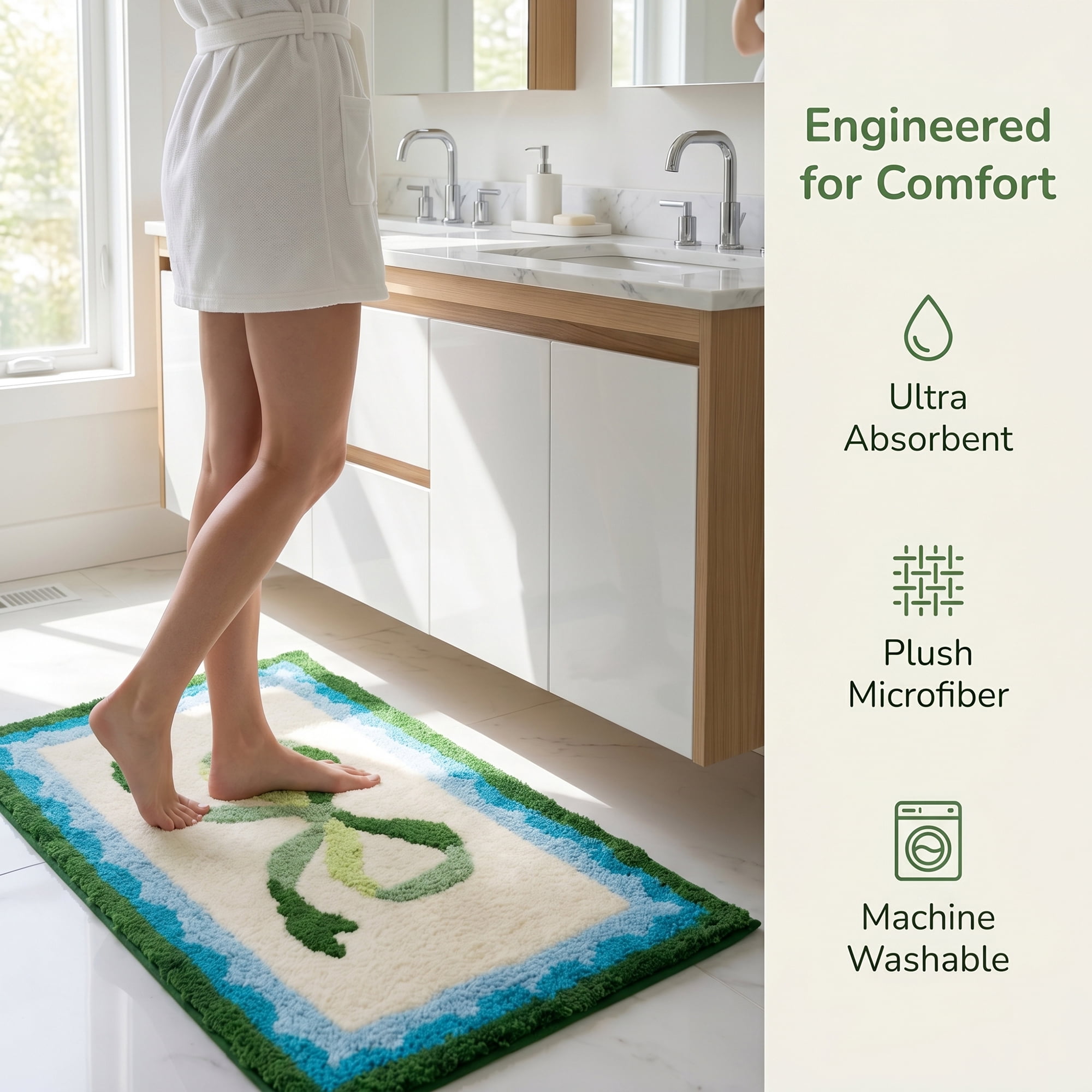 Unique Bargains Aesthetic Printed Soft Absorbent Shaggy Bath Mat Green Blue 32" x 20"