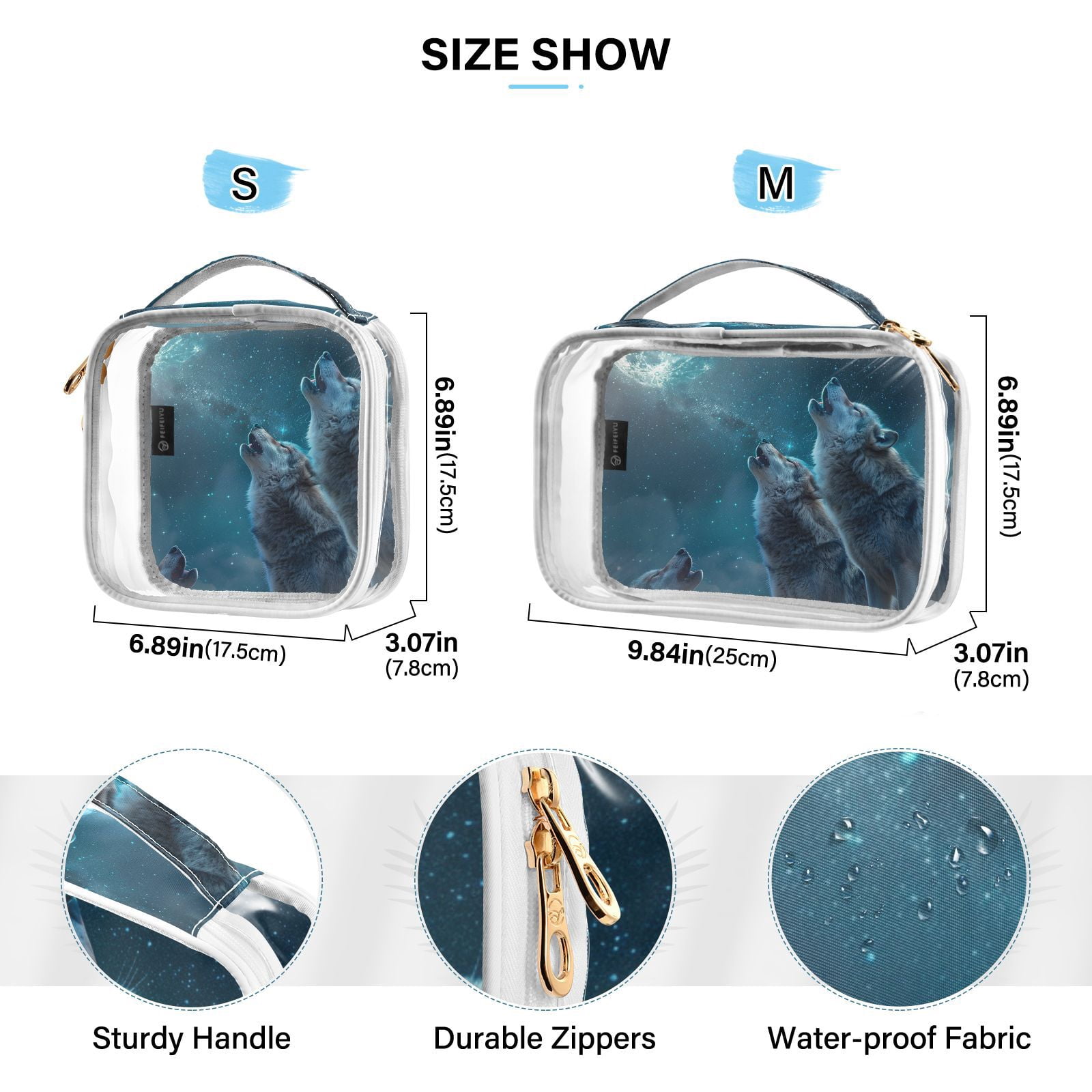 Clear Makeup Bags with Handle Large Opening 2 Pack Set Toiletry Bag Quart Size Bag, for Women Man Traveling Travel Essentials, Toiletries and Other. Wolf