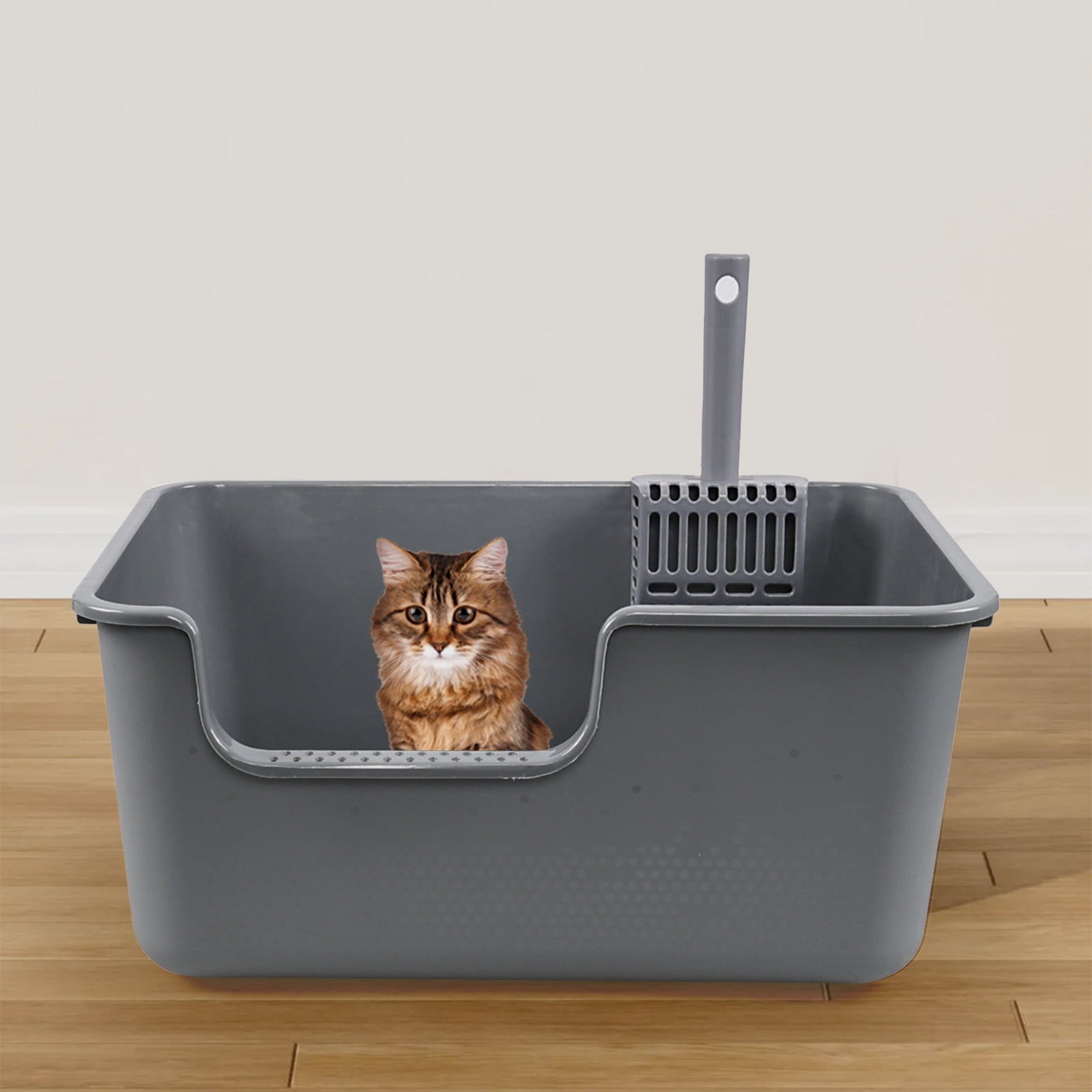 Kekow 4-Pack Anti-Splashing Kitty Litter Box with Scoop, Plastic Open High Sided Cat Litter Box, Gray