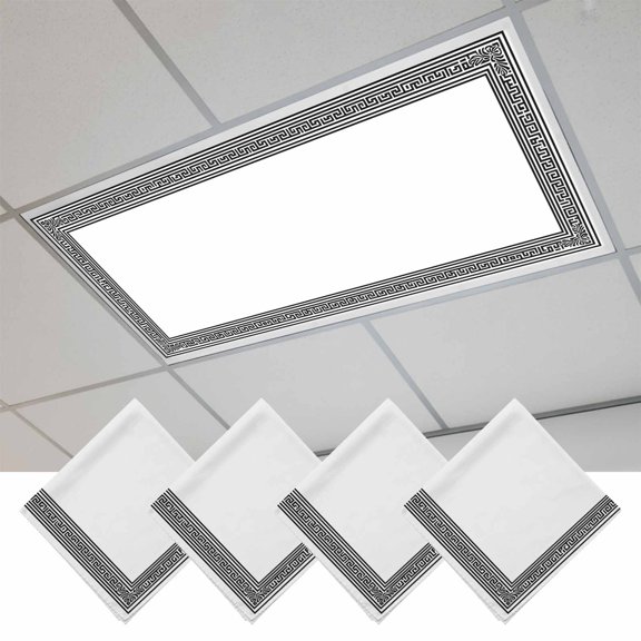 White Greek Key Fluorescent Light Covers, Geometric Greece Ancient Farmhouse Geo Magnetic Light Covers for Ceiling Lights, Fluorescent Ceiling Shade Filters for Classroom Bedroom Office 4x2Ft x 4PCS