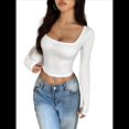 thumbnail image 3 of Top Corto de Larga con Cuello Cuadrado para Mujer, Acanalado, Ajustado, para Salir, Estilo Y2K, Informal, Básico, Camiseta M, 3 of 7