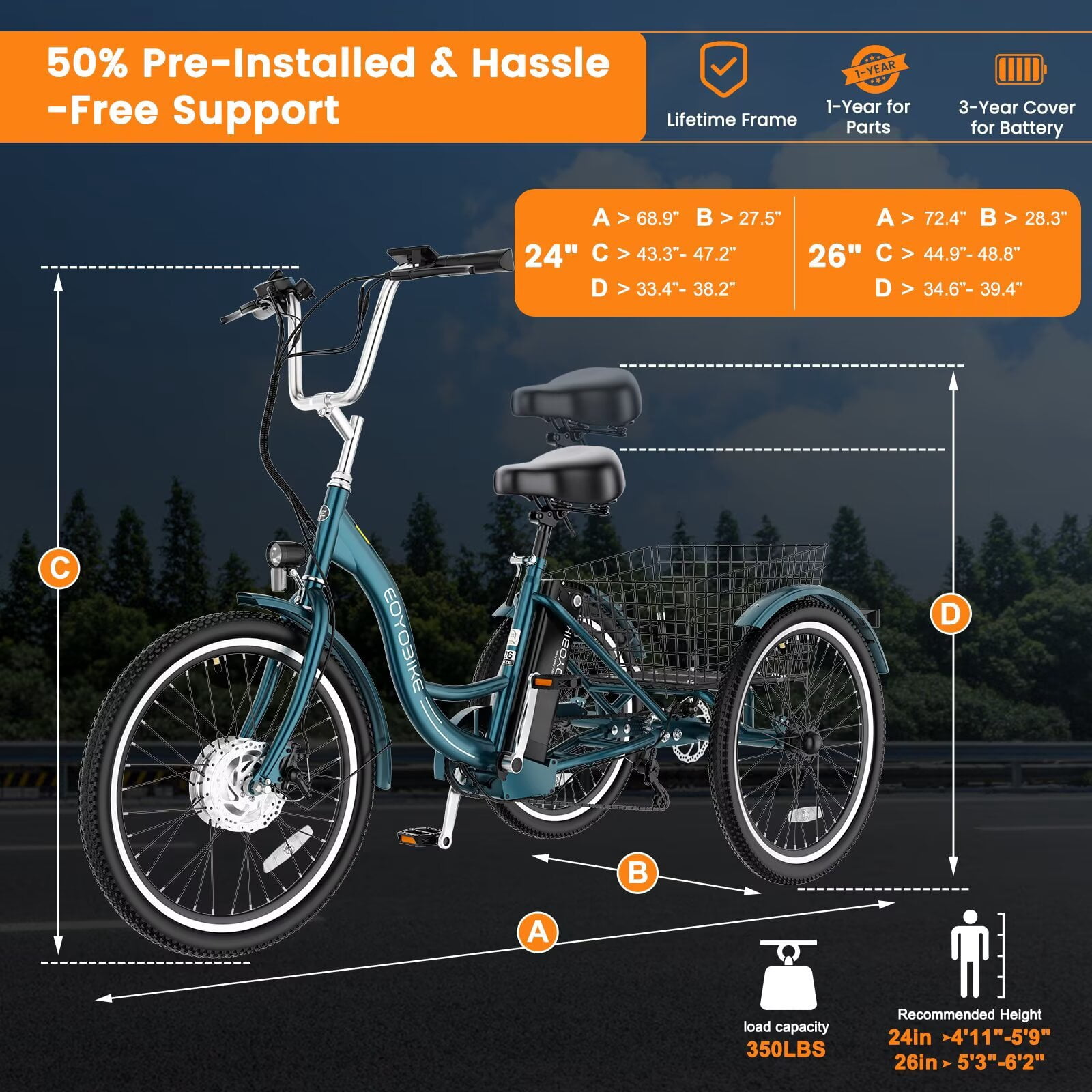 MOONCOOL 24"/26" Adult Electric Tricycle W/ Chain lock, Peak 700W 36V 10.4AH, 7 Speeds Step Through Electric Trike Motorized Three Wheel Electric Bikes w/ Large Basket for Women Men