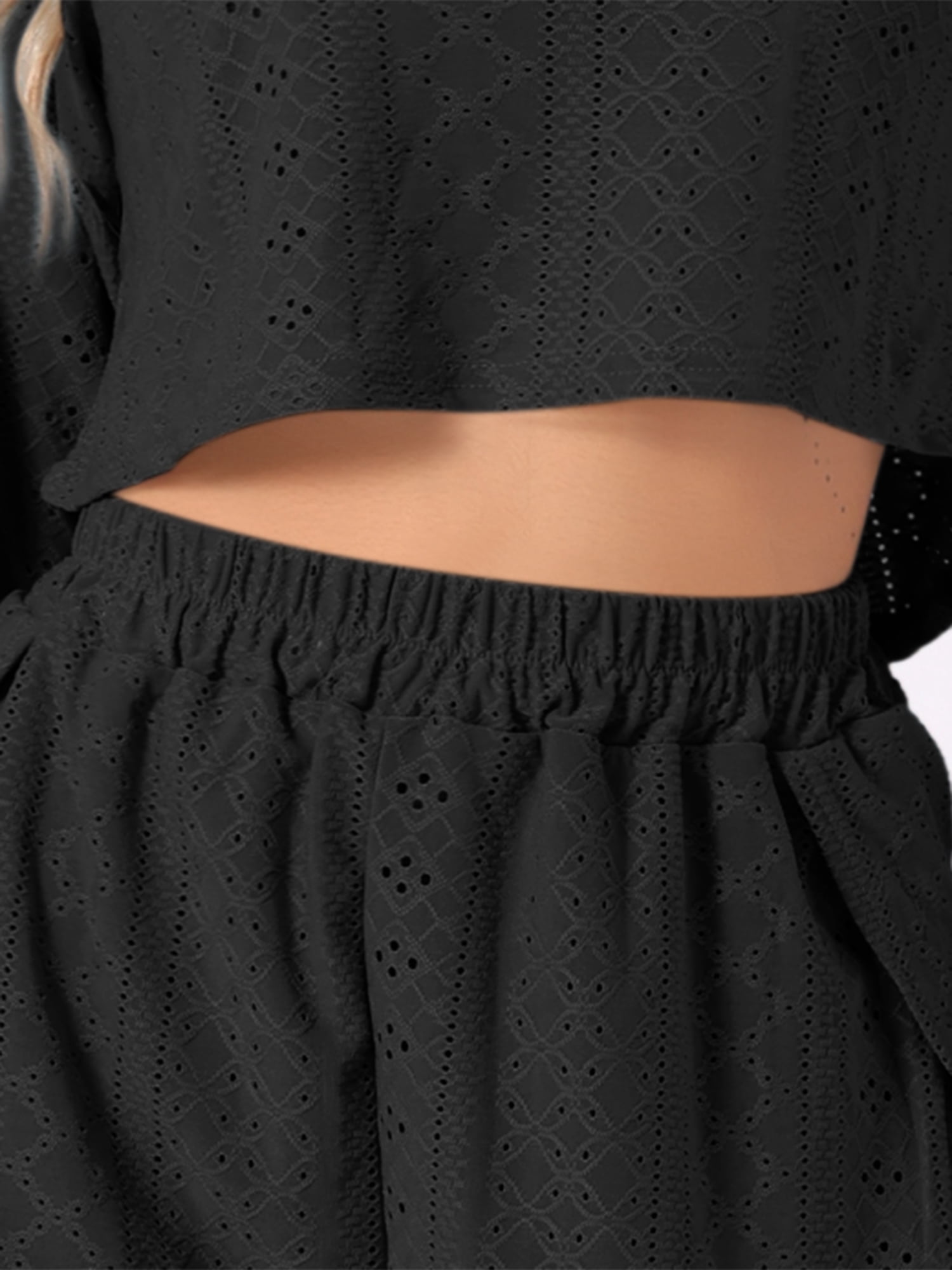 DARING DIVA Women's Hollow Out Tops with Slit Shorts Pajamas Sets L Black
