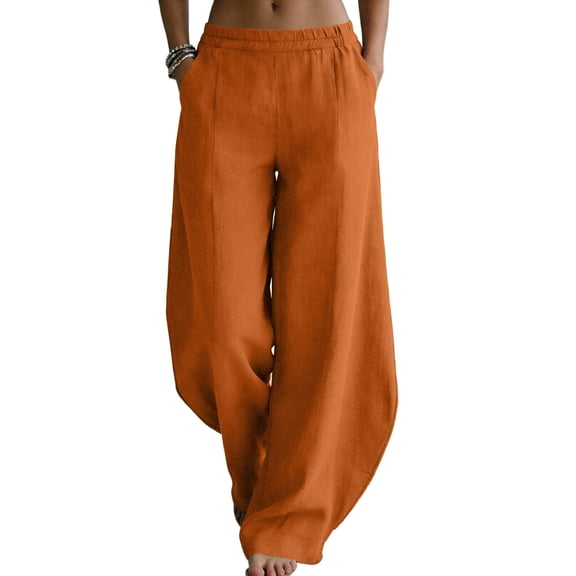 Ecqkame Womens Wide Leg Cotton Linen Pants Casual Loose Solid Color Elastic Waist Pant Lightweight Flowy Trousers with Pockets Orange L