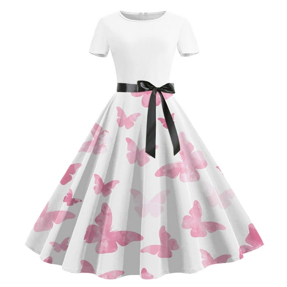 Ayolanni Womens Summer Dresses A-Line Pink Knee-Length Short Sleeve Butterfly Print Dresses Ladies Dresses L