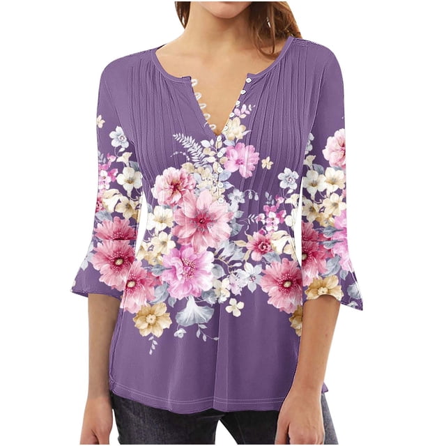 Camisetas con Cuello en V Mujeres Moda Impresa 3/4 Mangas Blusa, Top Cómodo Casual para el Hogar Y Diario
