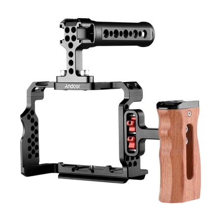 Image of Andoer Aluminum Alloy Cage Kit with Video Rig Handle Wooden Grip Replacement for A7R III/ A7 II/ A7III
