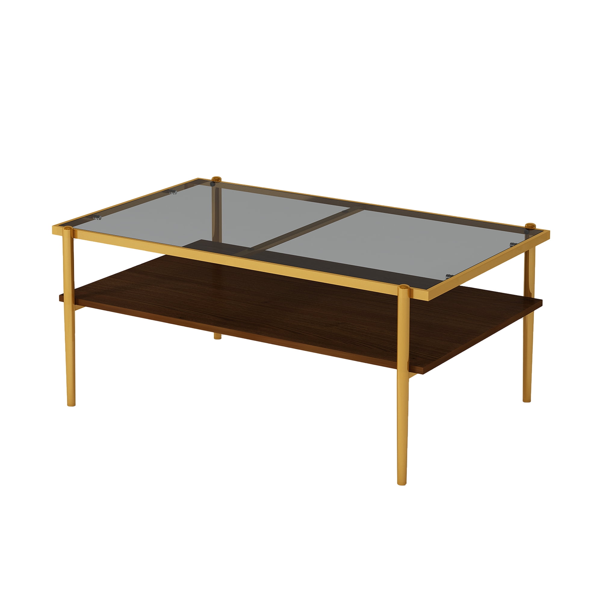 Modern Coffee Table, Tempered Glass Tabletop, Rectangle Coffee Table with Sturdy MDF Base and Golden Iron Legs, Easy Assembly Living Room Furniture, 38.39 Inch Length, Gray Color