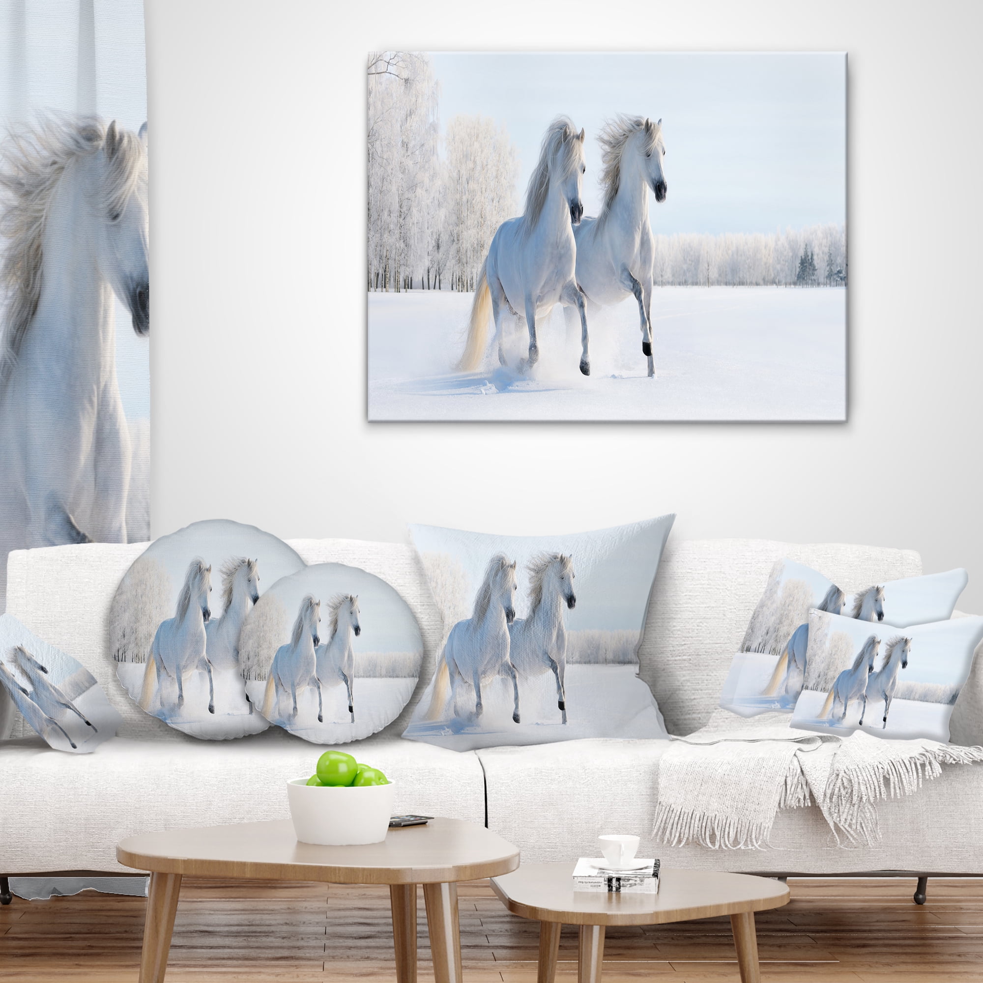 Designart Two Galloping White Ponies - Animal Photo Throw Pillow - 12x20