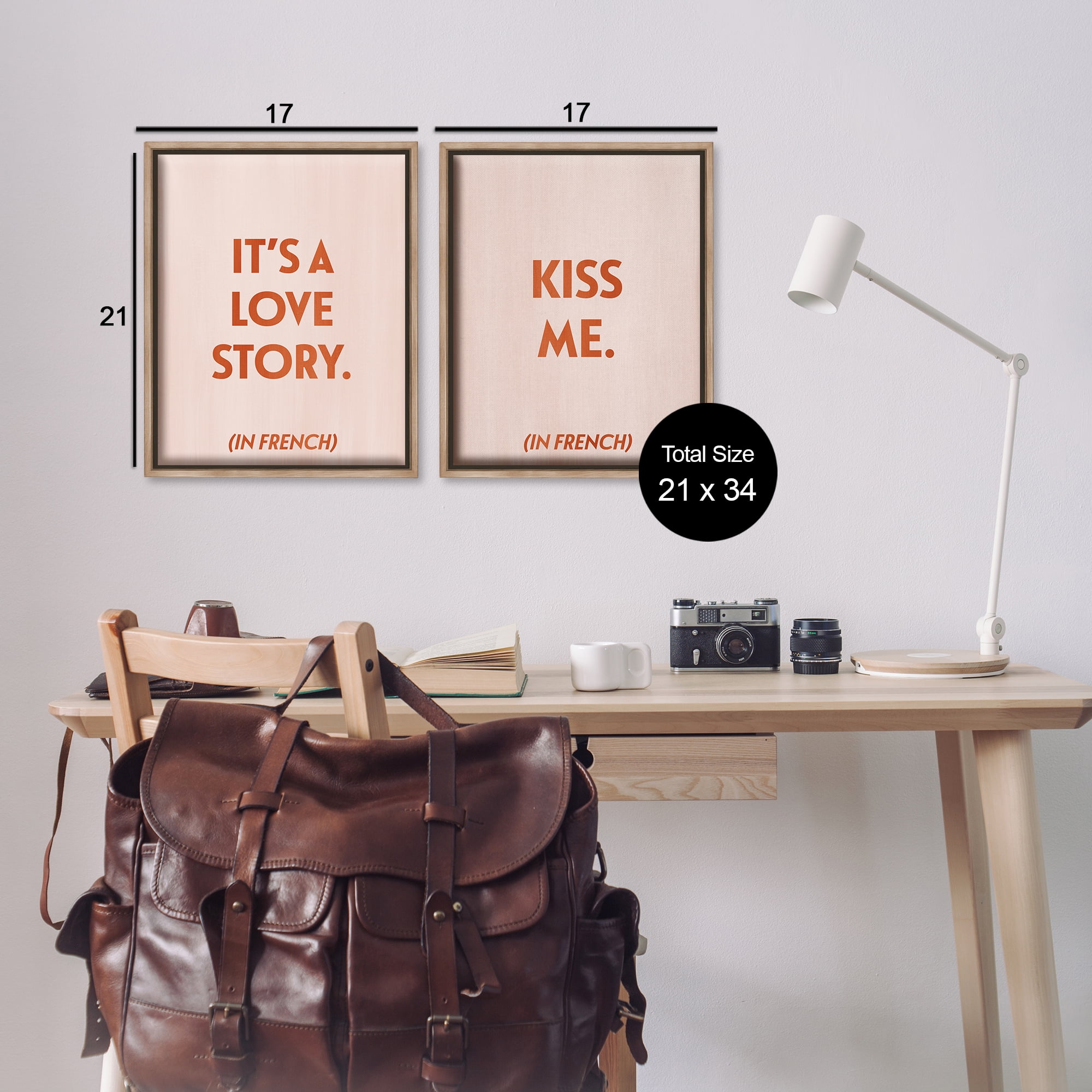 Stupell Industries Modern Love Story Kiss Text & Numbers Painting Brown Floater Framed Canvas Art Print Wall Art, 17 x 21, Set of 2