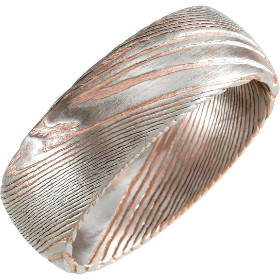 18k Rose Gold Damascus Steel Pvd 8mm Polished Half Round Patterned Band Size 7.5 Ring for Women and Men