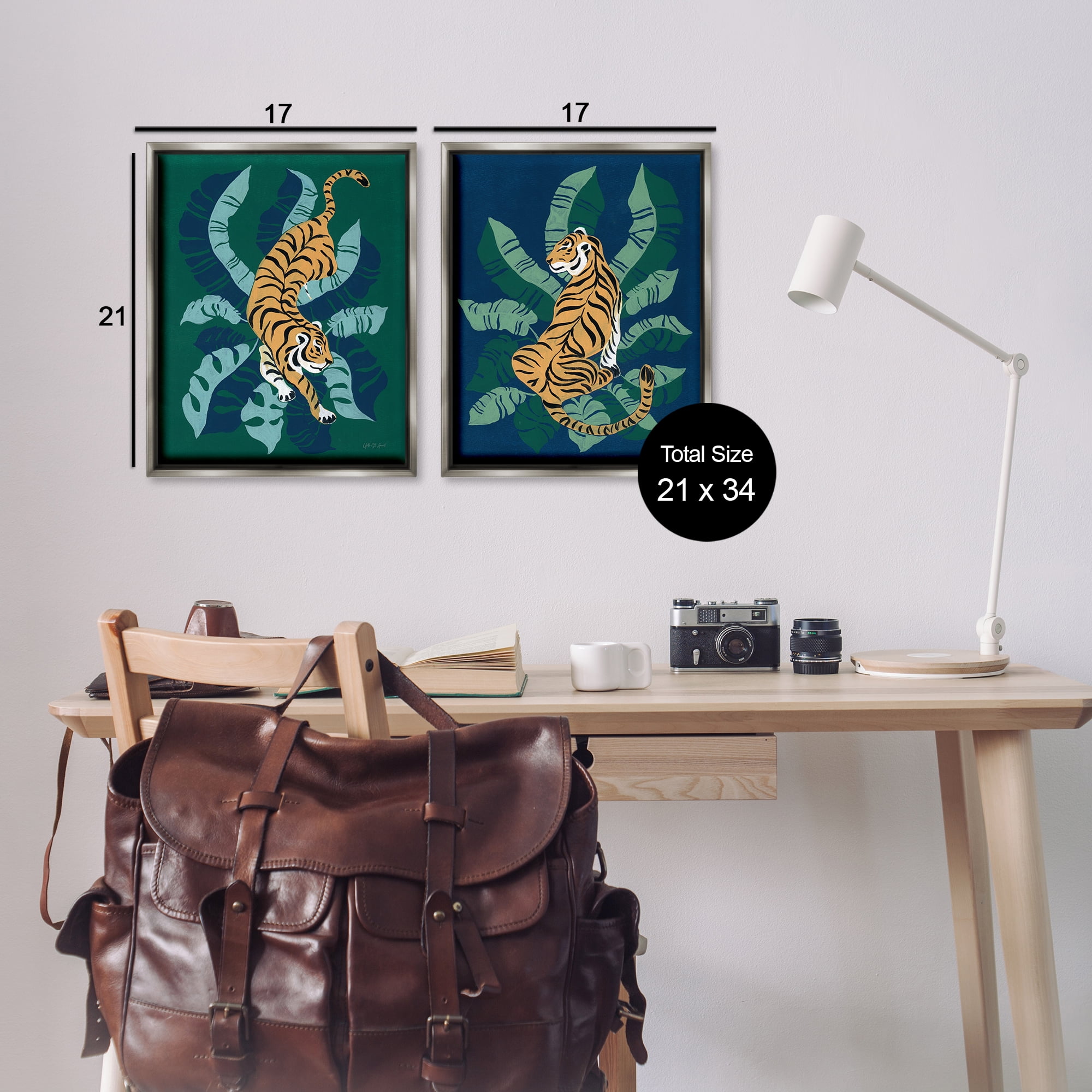 Stupell Industries Prowling Tiger Sitting Tiger Jungle Animals Painting Gray Floater Framed Canvas Art Print Wall Art, 17 x 21, Set of 2