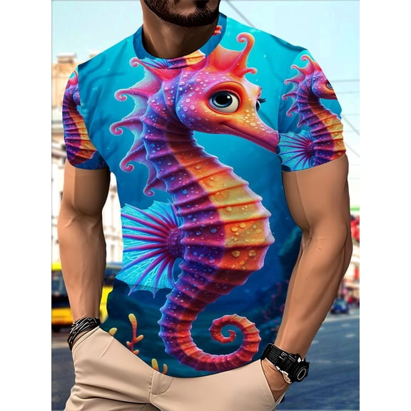 Men's 3D digital printed polyester T-shirt, bright cartoon seahorse print, summer breathable short-sleeved T-shirt, eye-catching underwater ocean theme top, casual and lightweight clothing