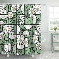 Boho Abstract Colorful Floral Shower Curtain, Vintage Retro Patchwork White Green Flower Botanical Geometric Aesthetic Groovy Bathroom Decor Shower Curtain Set with 12 Hooks, 72X72in