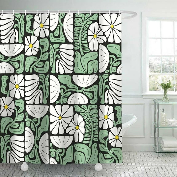 Boho Abstract Colorful Floral Shower Curtain, Vintage Retro Patchwork White Green Flower Botanical Geometric Aesthetic Groovy Bathroom Decor Shower Curtain Set with 12 Hooks, 72X72in