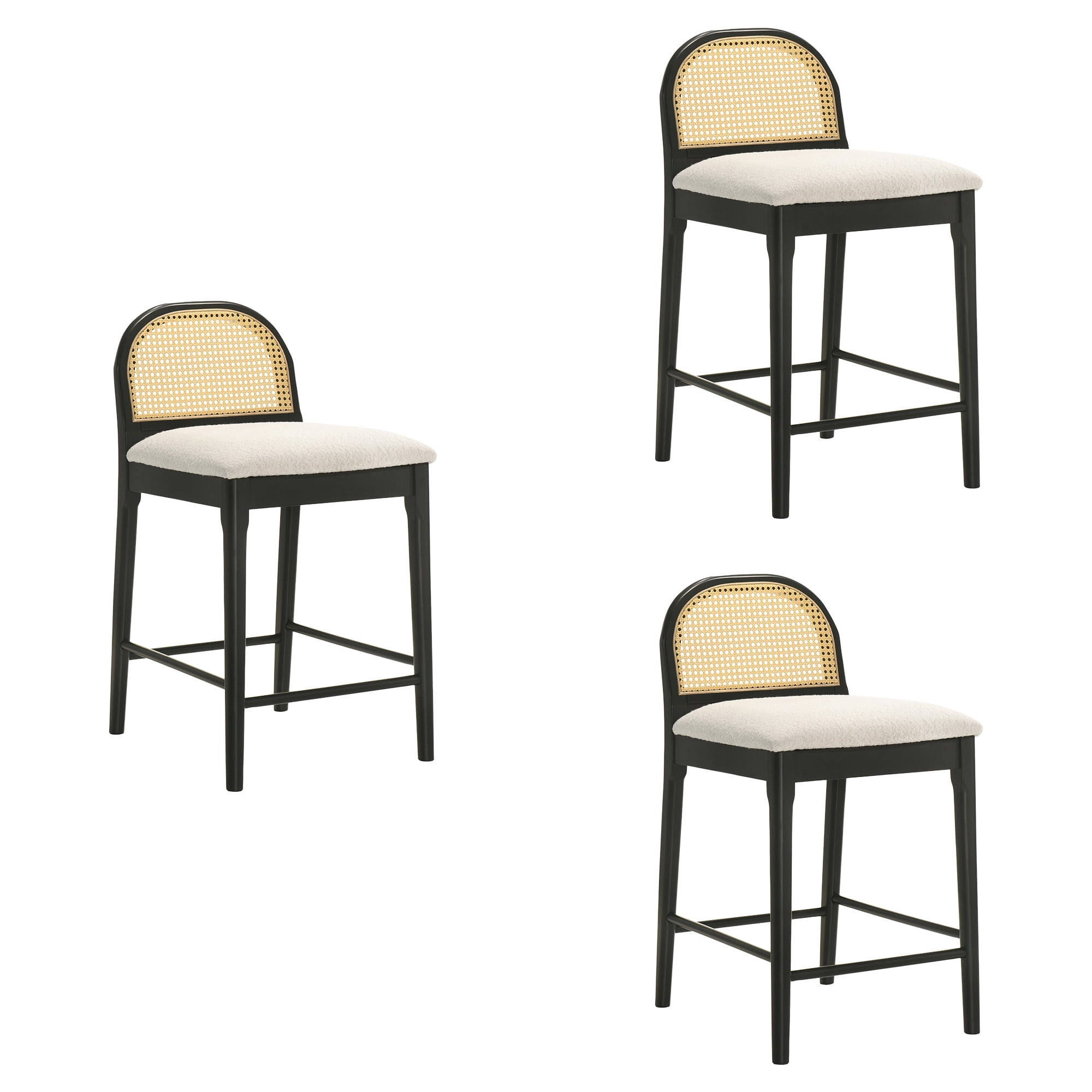 Lucio Modern Farmhouse Wood Counter Height Kitchen Bar Stool in Black Finish with White Boucle Fabric Upholstered Seat - Set of 3