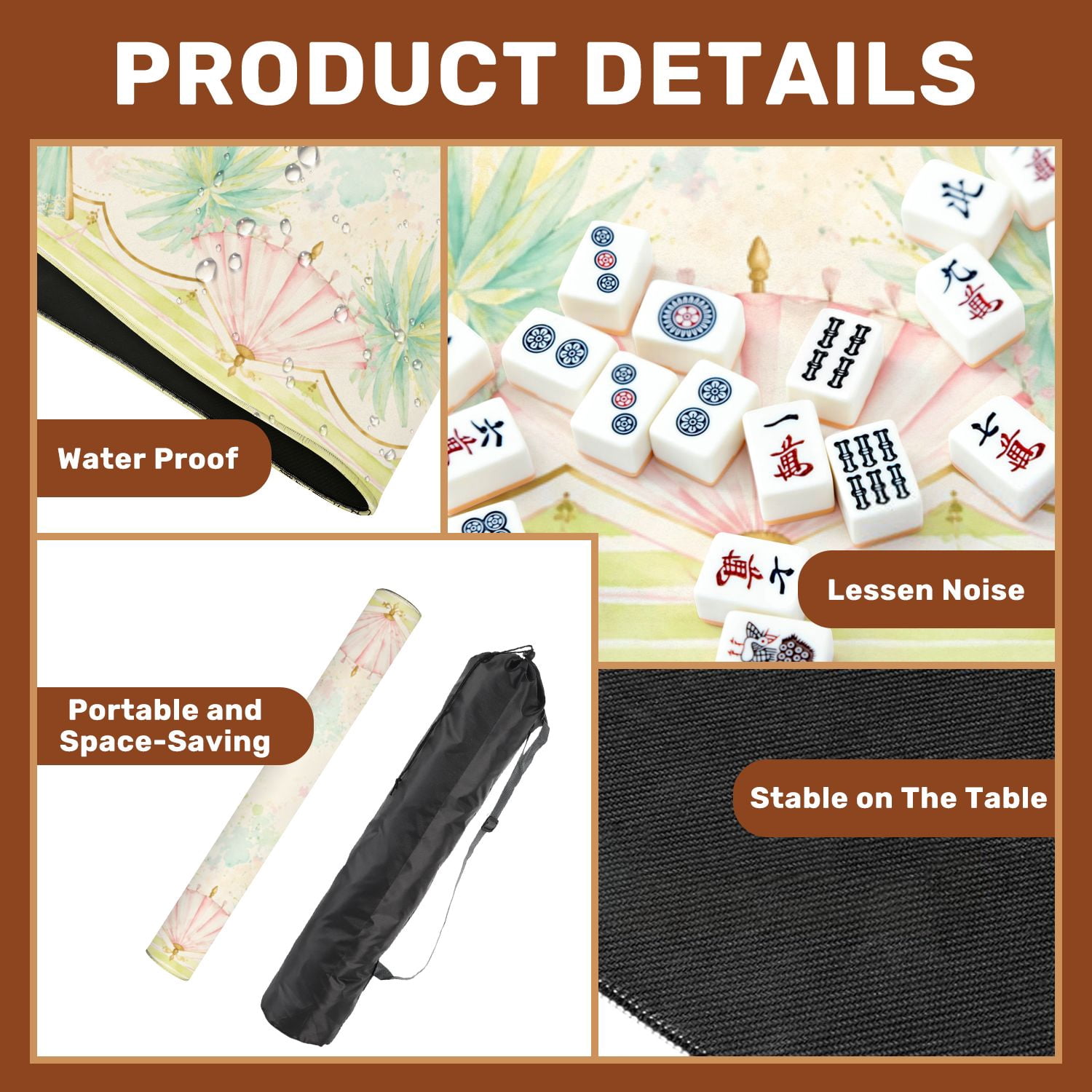 Mahjong Mat 31.5" x 31.5" Whimsical Squirrels Umbrellas Soft Pastels Non-Slip Noise Reduction Mahjong Tiles Table Cover for Dominoes Poker Card Board and Tile Games