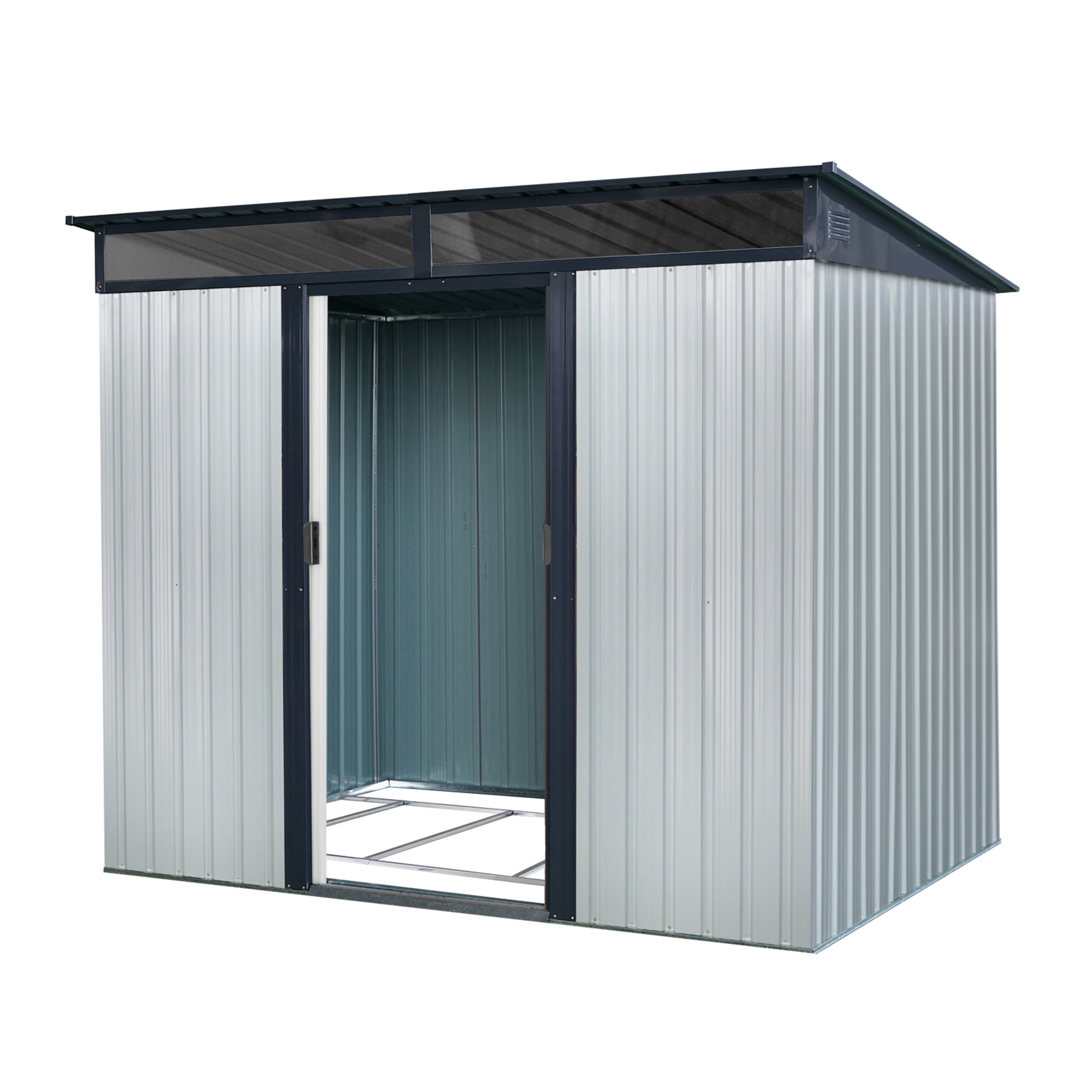 Noble House 8x6 FT Outdoor Metal Storage Shed with Transparent Plate, Galvanized Steel Garden Utility Room, Black White