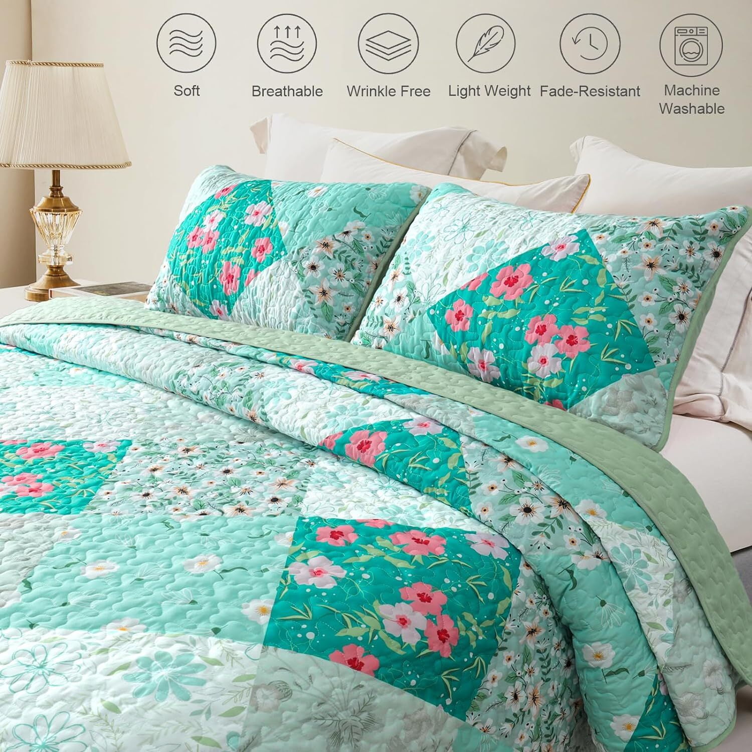 Whale Flotilla Reversible Patchwork Quilt Set King Size, Lightweight Boho Printed Bedspreads Coverlets Quilts Bedding Set with 2 Pillow Shams for All Seasons, Light Green