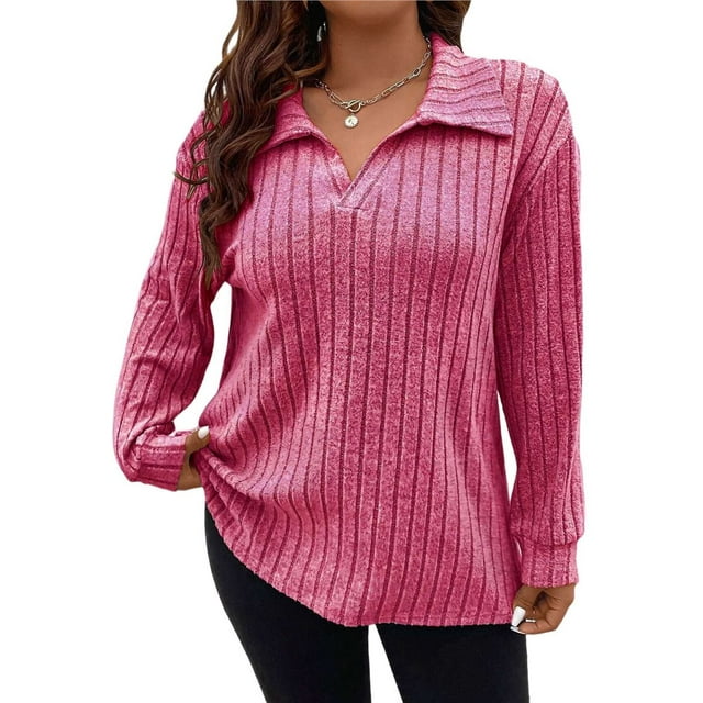 Suéter de Punto Informal de Talla Grande para Mujer, Cuello en V, Solapa, Color Liso, Camisa de Larga. Rosa XXXL