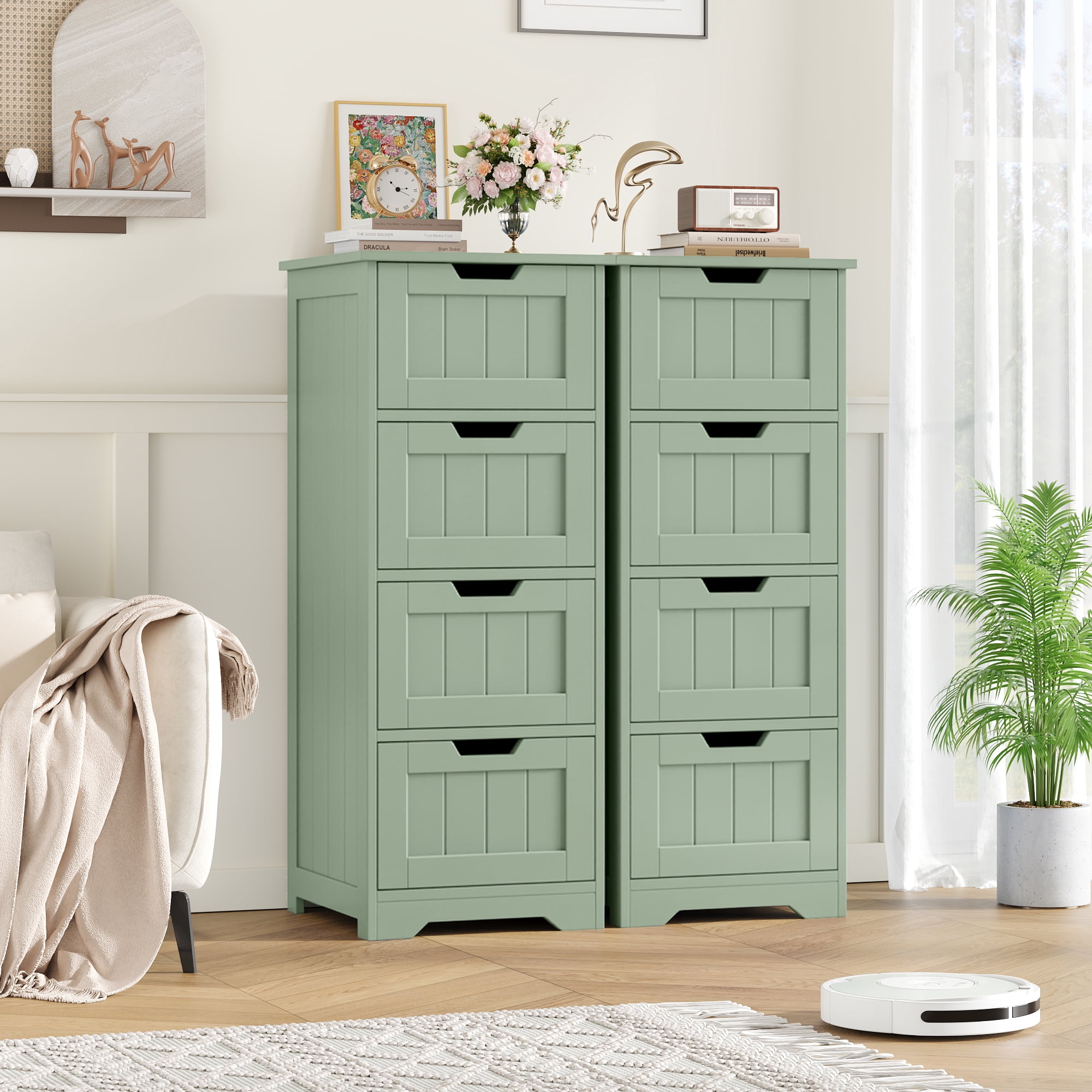 Homfa Bathroom Storage Cabinet, Free Standing Narrow Cabinet with 4 Drawers Entryway Storage Organizer for Living Room Bedroom, Green