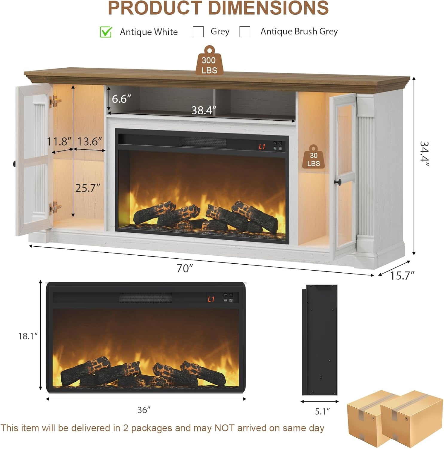 Vecenuy Farmhouse Fireplace TV Stand for 80" TVs, 70" Highboy Entertainment Center with 36" Electric Fireplace & LED Lights, Media Console with Adjustable Shelves for Living Room, Antique White