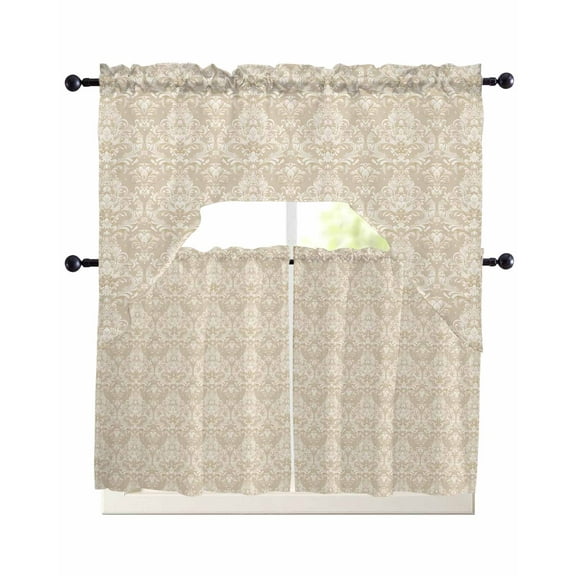 Beige Baroque Kitchen Curtains Swag Valance and Tier Curtains Set 24 Inch Length, Retro Farmhouse Abstract Scroll Floral Rod Pocket Drape Panels Pair Swag Curtain for Bathroom/Cafe/Window