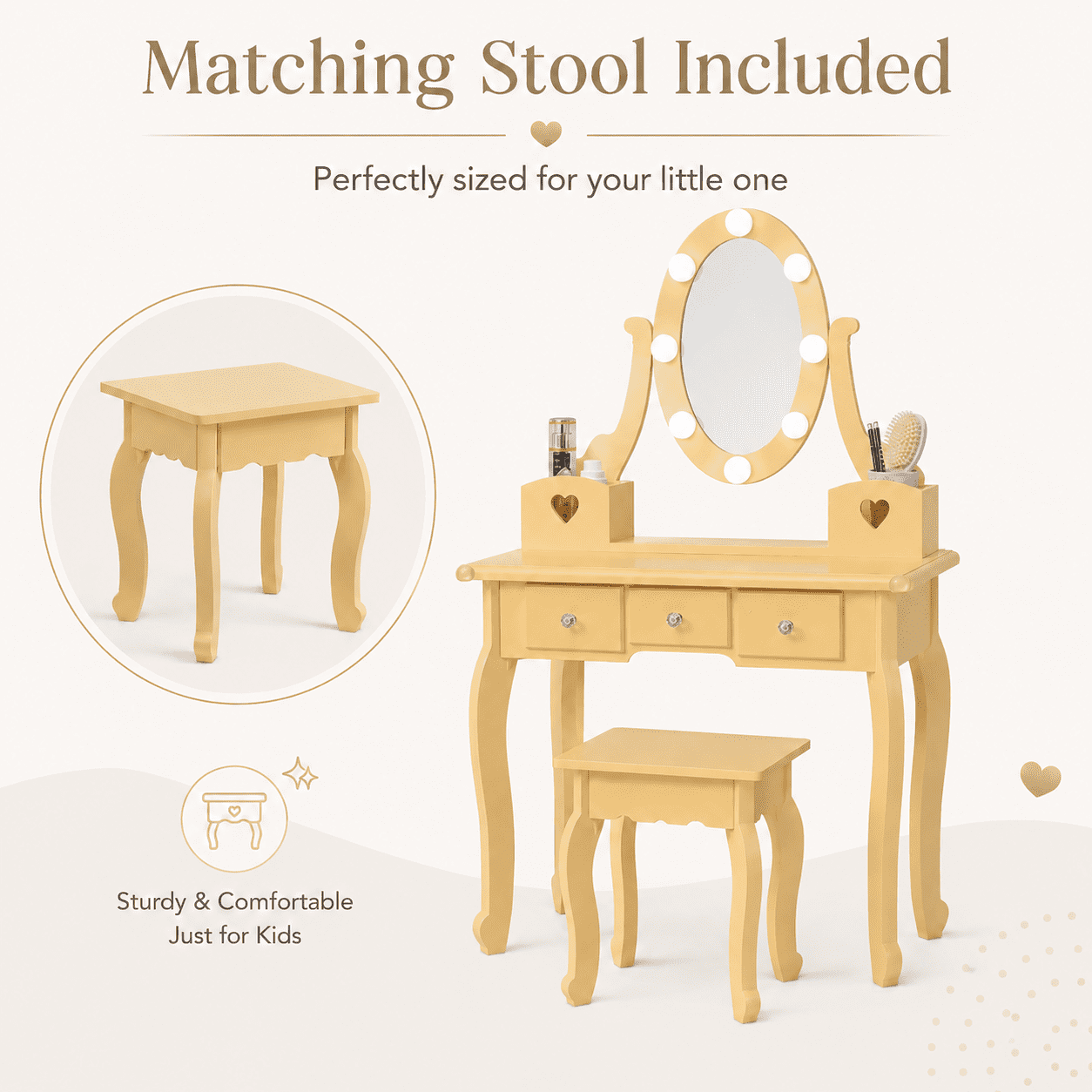 Ktaxon Kids Play Makeup Vanity Set with 3-Color Light, Girls Vanity Dresser Desk with Matching Stool, Light Orange
