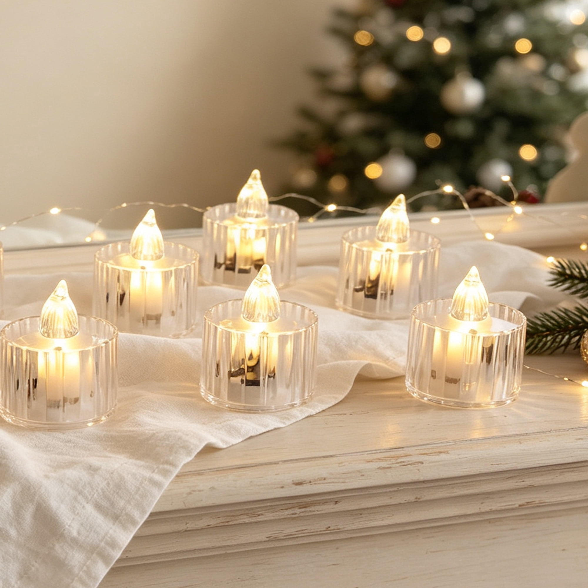 Indoor Battery-Operated LED Plastic Flameless Christmas Tealight Candles, Clear, 2", 6 Count, by Holiday Time