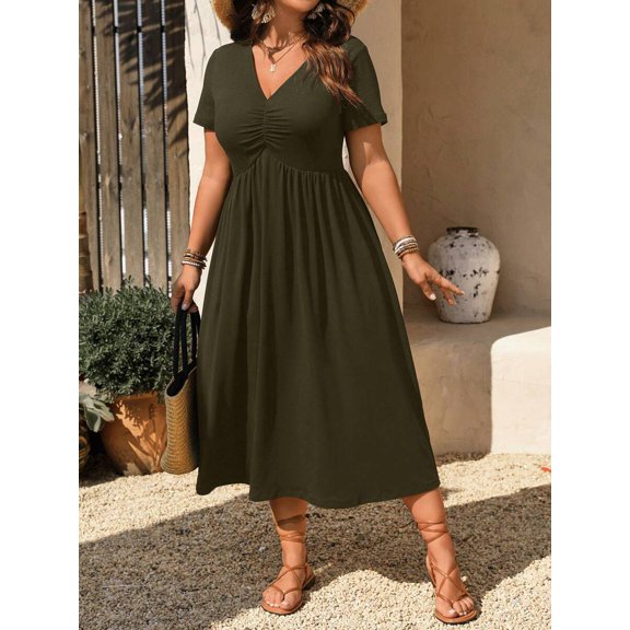 Olive Green Elegant Casual V-Neck Ruched Short Sleeve Knit Plus Size Women Dress Summer A-Line Midi Dress