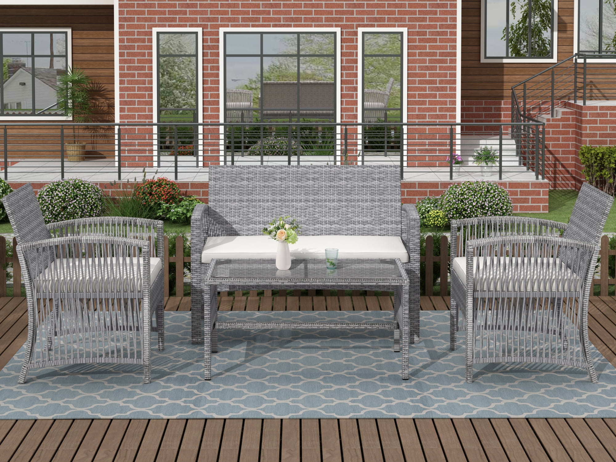 Brown Merax 4-Piece Patio Furniture Set Outdoor Garden Lawn Pool Rattan Sofa Wicker Conversation Set Coffee Table Bistro Sets with Weather Resistant Cushions