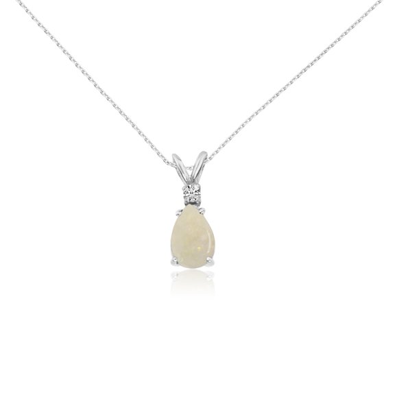 14k White Gold 7X5 Opal Pear and Diamond Pendant with 18" Chain