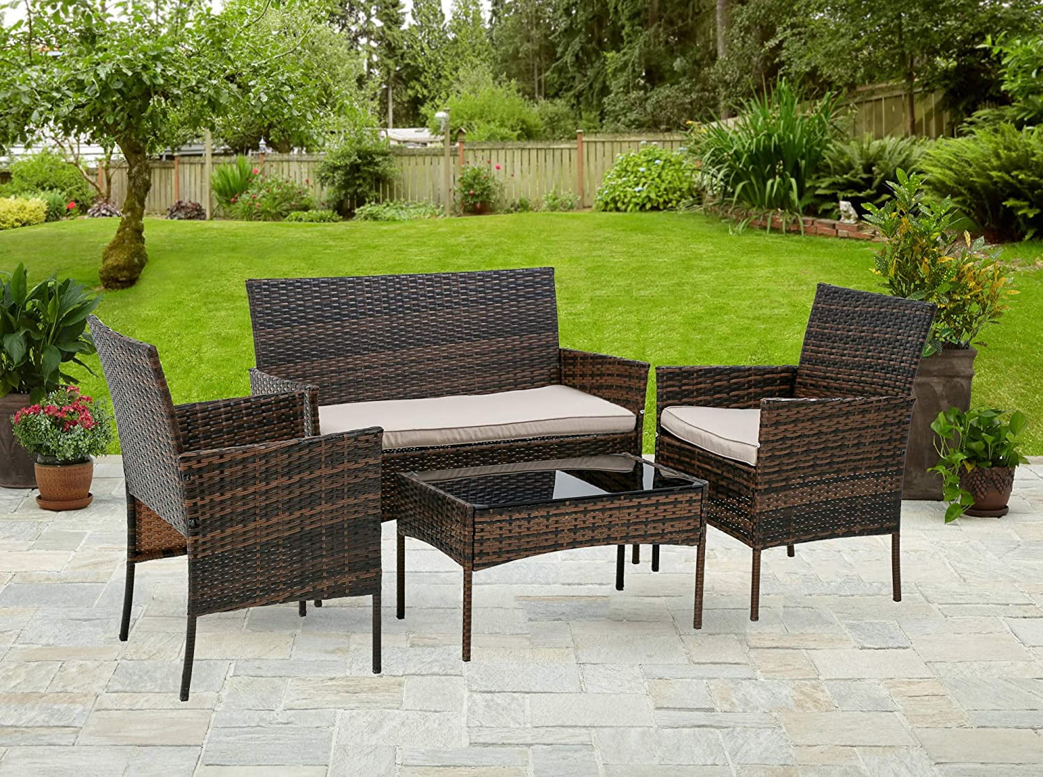 Patio Wicker Chair Furniture Set with Cushions for Courtyard Brown Garden Patio Conversation Set Bistro Set with Tempered Glass Table Tangkula 3 PCS Outdoor Rattan Dining Set Balcony 