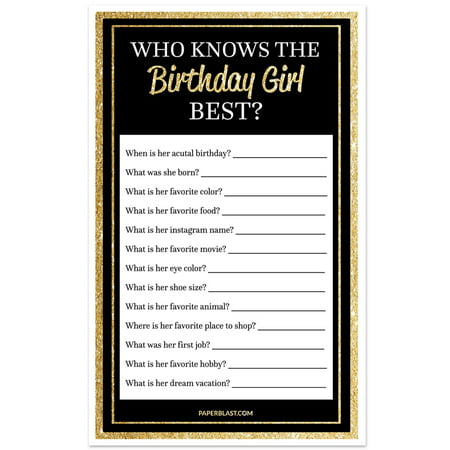 Black and Gold Birthday Party Game - Who Knows the Birthday Girl Best - Set of