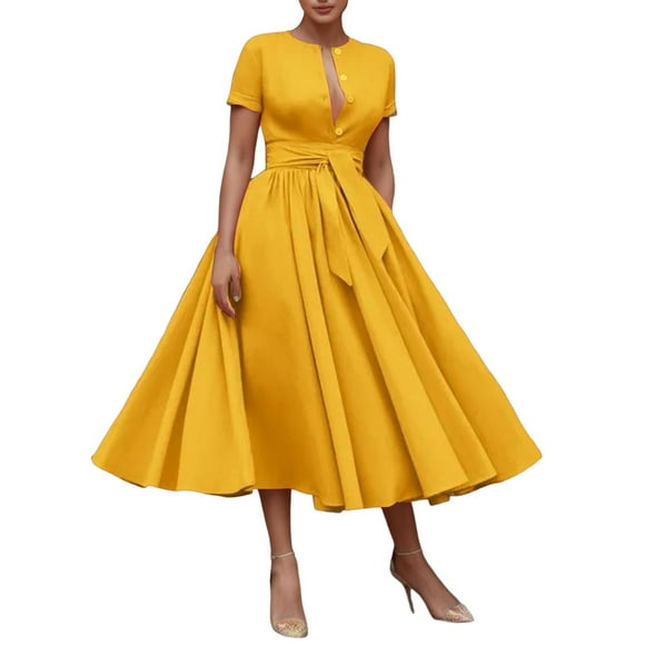 adviicd Dresses for Women Business Casual Dress 2024 Summer Work Office V Neck Slit Belted Sleeveless Dresses Yellow,M