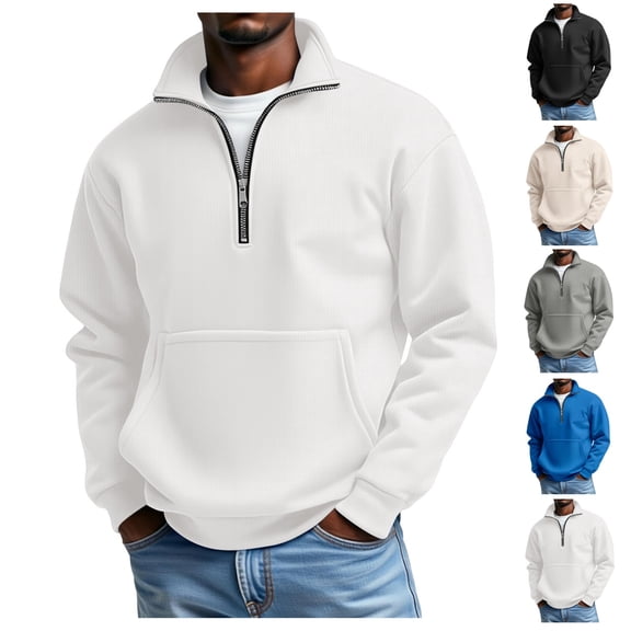 Mens Quarter Zip Pullover Waffle Knit Long Sleeve Sweat Shirts with Pocket Big and Tall Heavyweight Polo Sweater