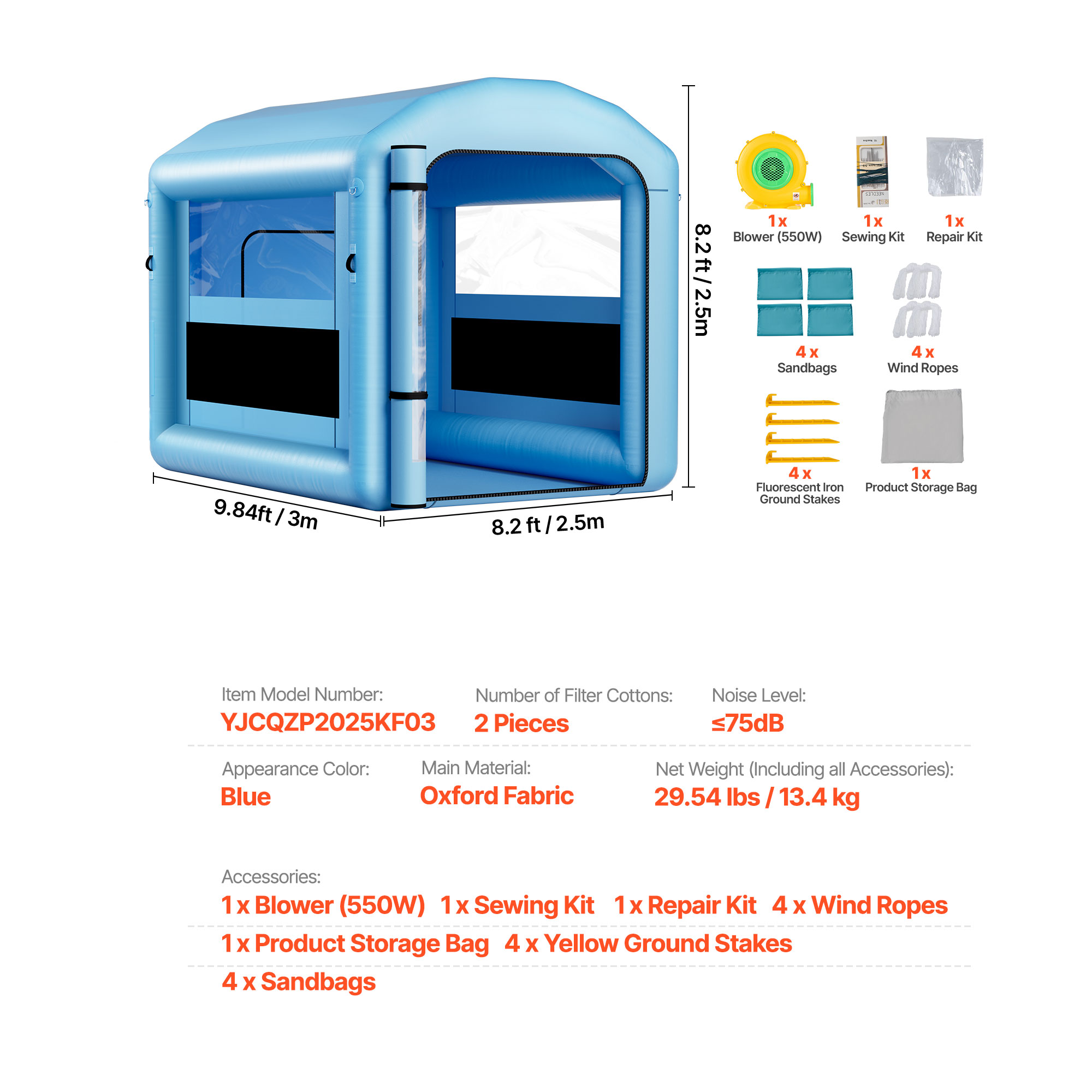KFFKFF Inflatable Paint Booth, 9.84 x 8.2 x 8.2 ft, Spray Booth with 550W Blower and Air Filtration System, Rounded Roof with Light Attachment, Suitable for Painting Bikes, Motorcycles, and Furniture