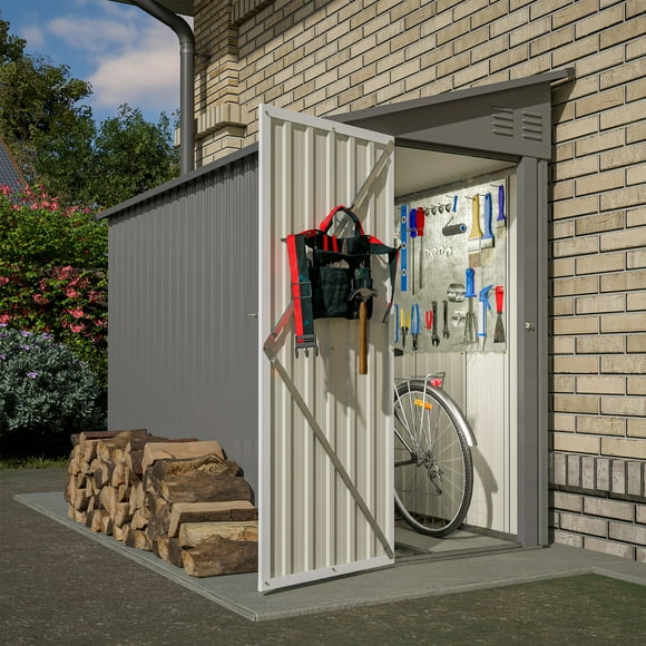 LZBEITEM 4 x 8 ft Outdoor Metal Storage Shed Lean to, Small Metal Wall Side Door Sheds & Garden Tool Shed with Galvanized Floor Frame Kit Lockable for Garden, Backyard, Grey, 95 x 48.82 x 75.7 inch