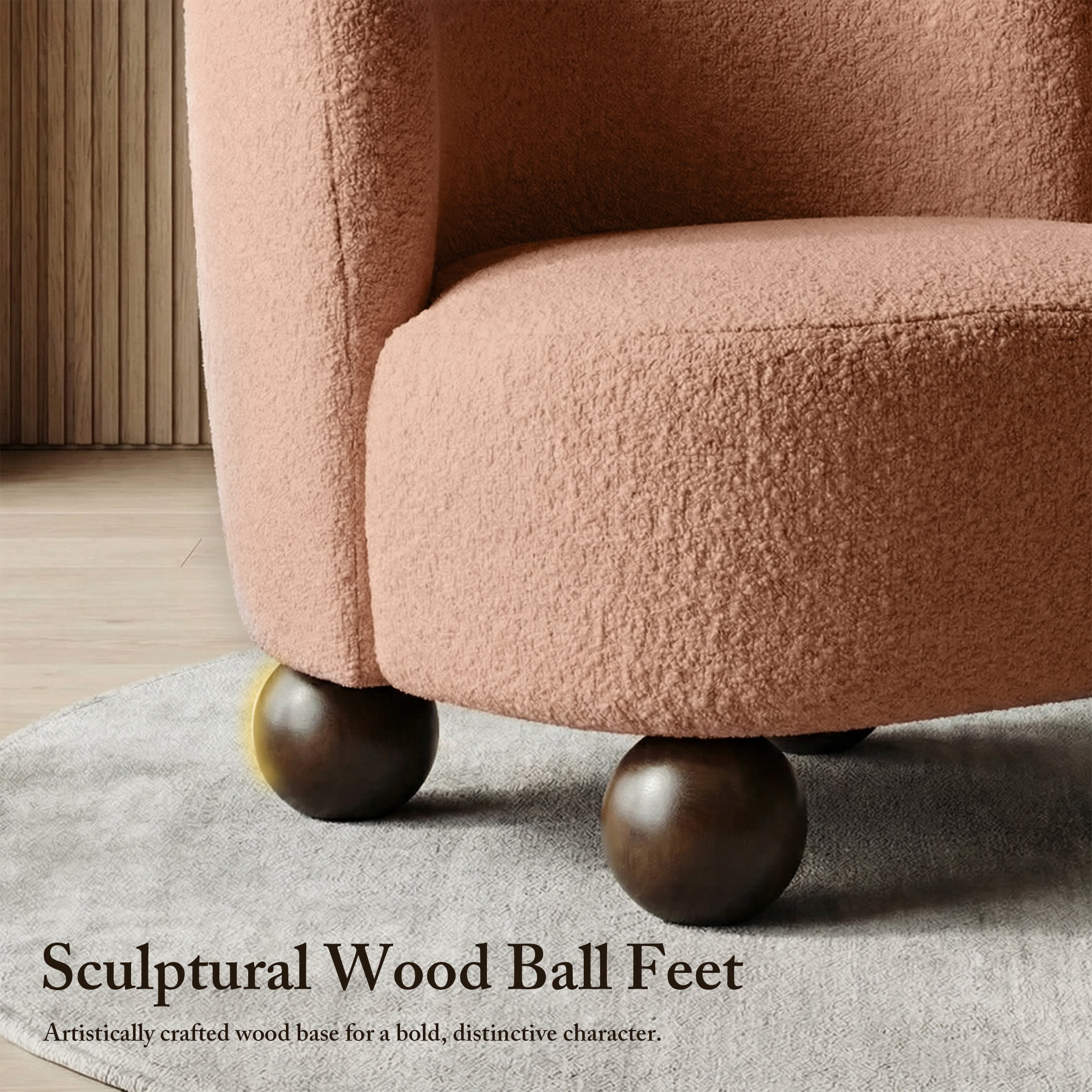 Aenkyo Contemporary Boucle Armless Accent Chair with Sculptural Wood Ball Feet, Pink