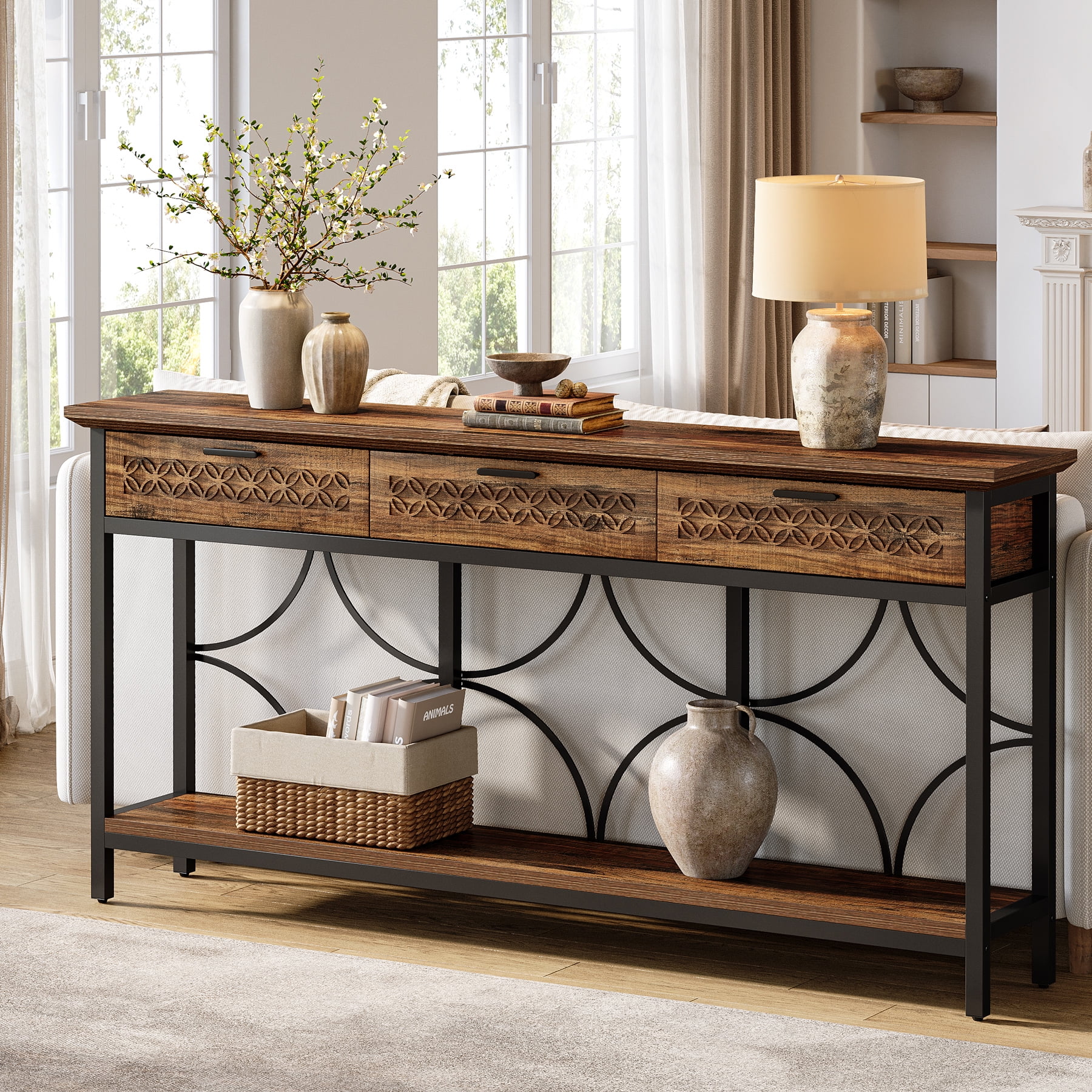 Tribesigns 70.9" Extra Long Console Table with Drawers, Farmhouse Entryway Table with Storage, Wood Behind Couch Sofa Table Accent Table for Entryway, Living Room, Hallway