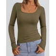 thumbnail image 2 of Remera PRETTYGARDEN de canalé con escote redondo y mangas largas en verde militar, talla S, 2 of 4