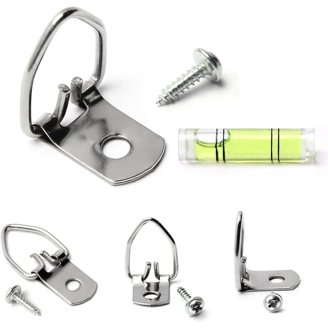 HUGFEGWE 100Pcs D Rings Picture Hanging, D Hooks for Picture Hangers, Small D Ring Hangers Hardware with Mini Cylindrical Level, Frame Hangers for Sign Canvas Galleries Exhibiting Artist CJB91-24308