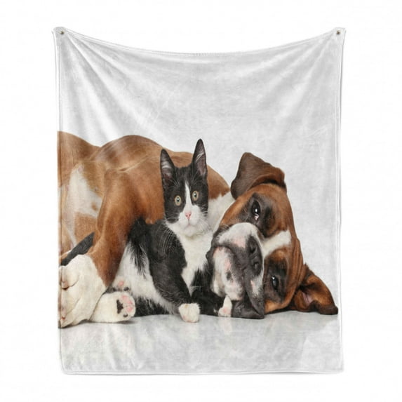 Funny Soft Flannel Fleece Throw Blanket, Cat and Dog Cuddling Lying on Floor Friendship Theme Animals Togetherness, Cozy Plush for Indoor and Outdoor Use, 50" x 60", Brown Black White, by Ambesonne